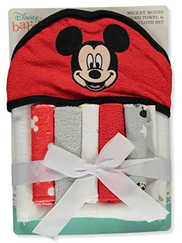 Cudlie Disney Baby Mickey Mouse Happy Face Print (Hooded Towel with 5 Piece Washcloth Set)